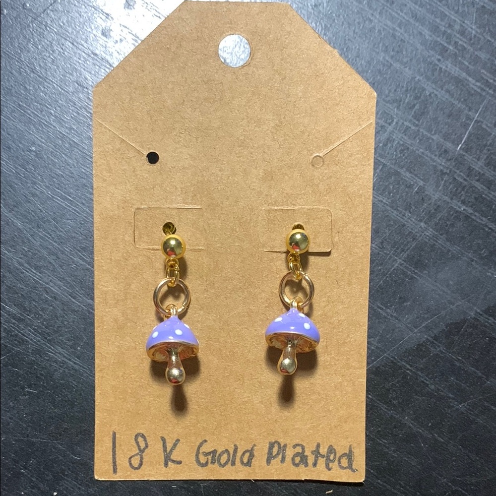 Gold Plated Purple Mushroom Earrings
